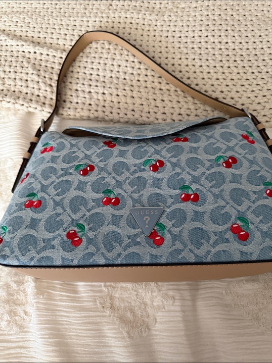 Guess Handbags - GUESS Blue Denim Cherry Print Shoulder Bag with Tan Trim
